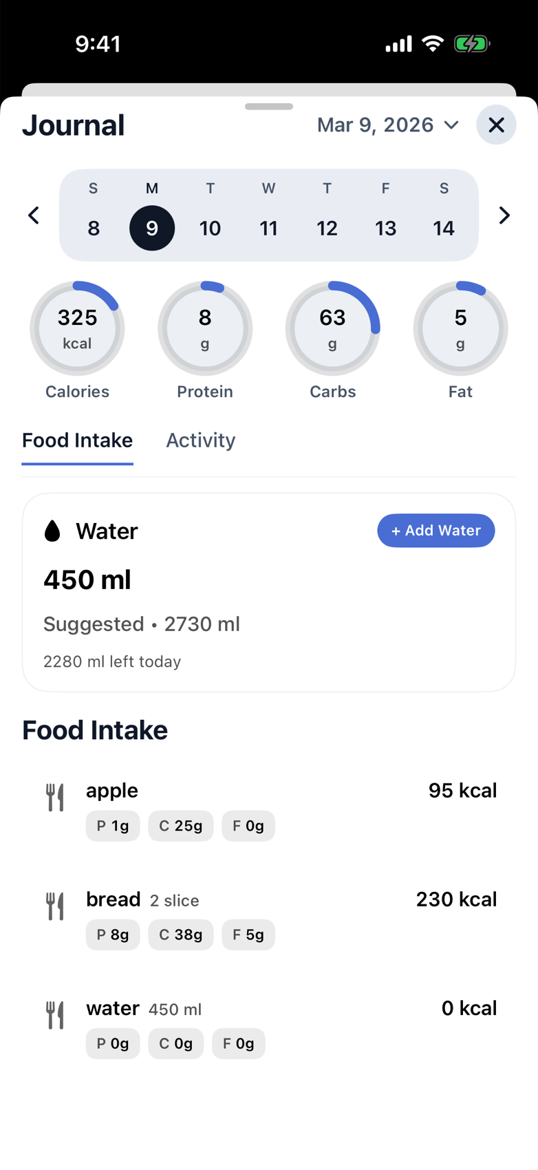 Macrios journal and meal logging screenshot