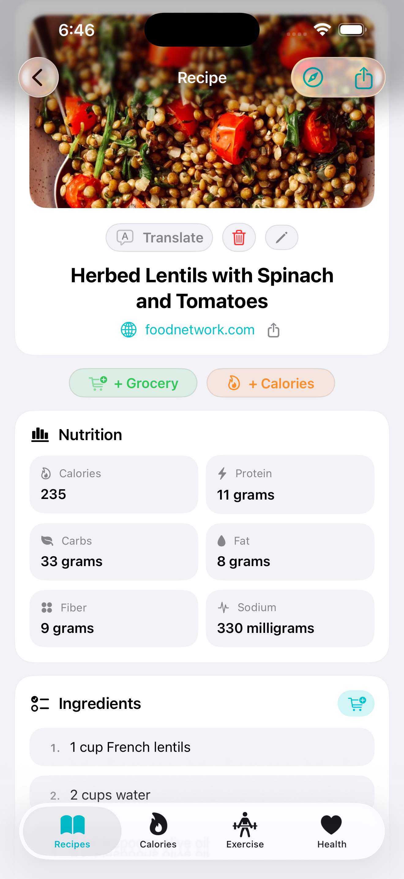 Macrios recipe import screenshot with grocery list and calories shortcuts